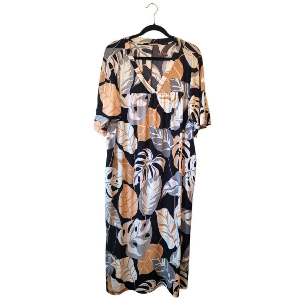 Breezies QVC Black Palm Leaf Maxi Dress Size M